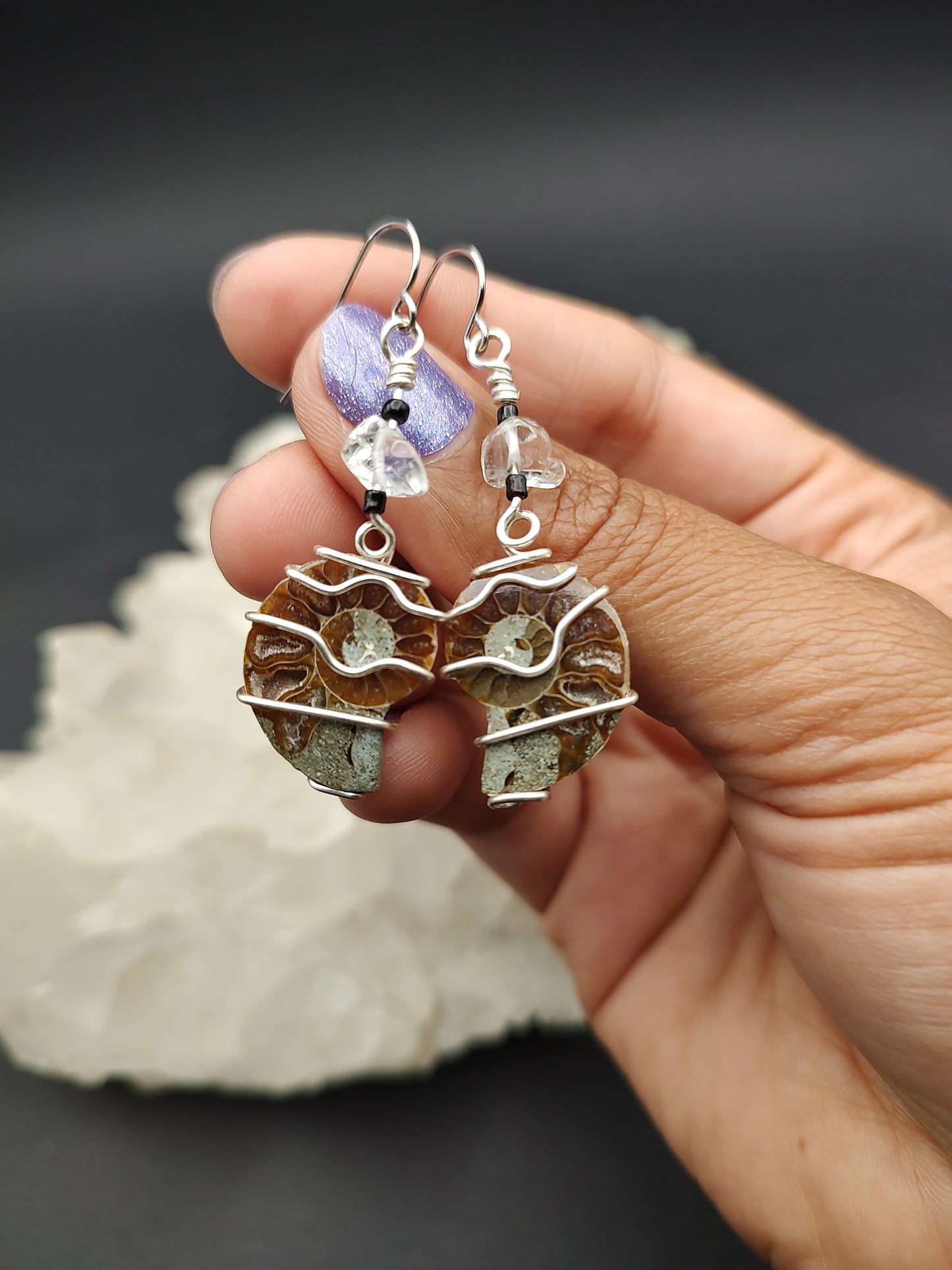 Ammonite Earrings with quartz